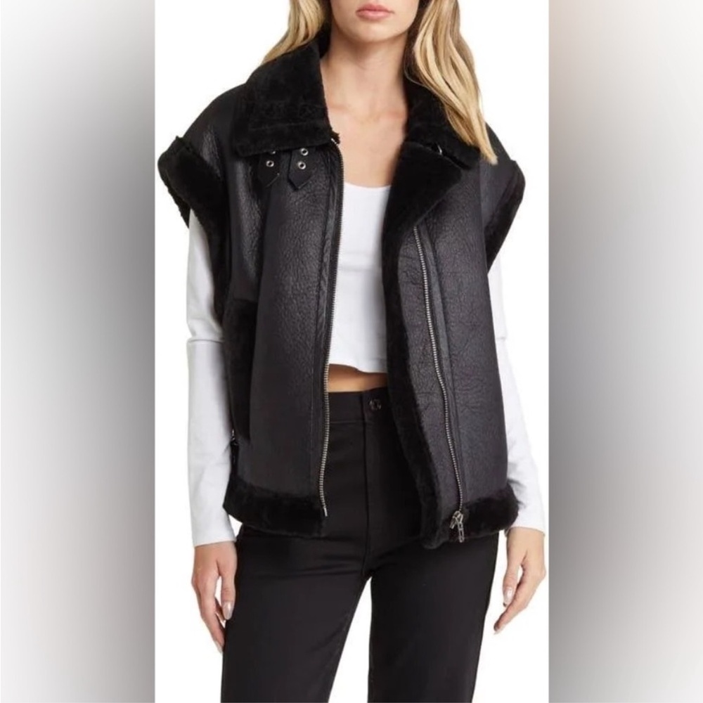 New Blank NYC Sherpa and Faux Leather Black Moto Vest in Black Night Watch